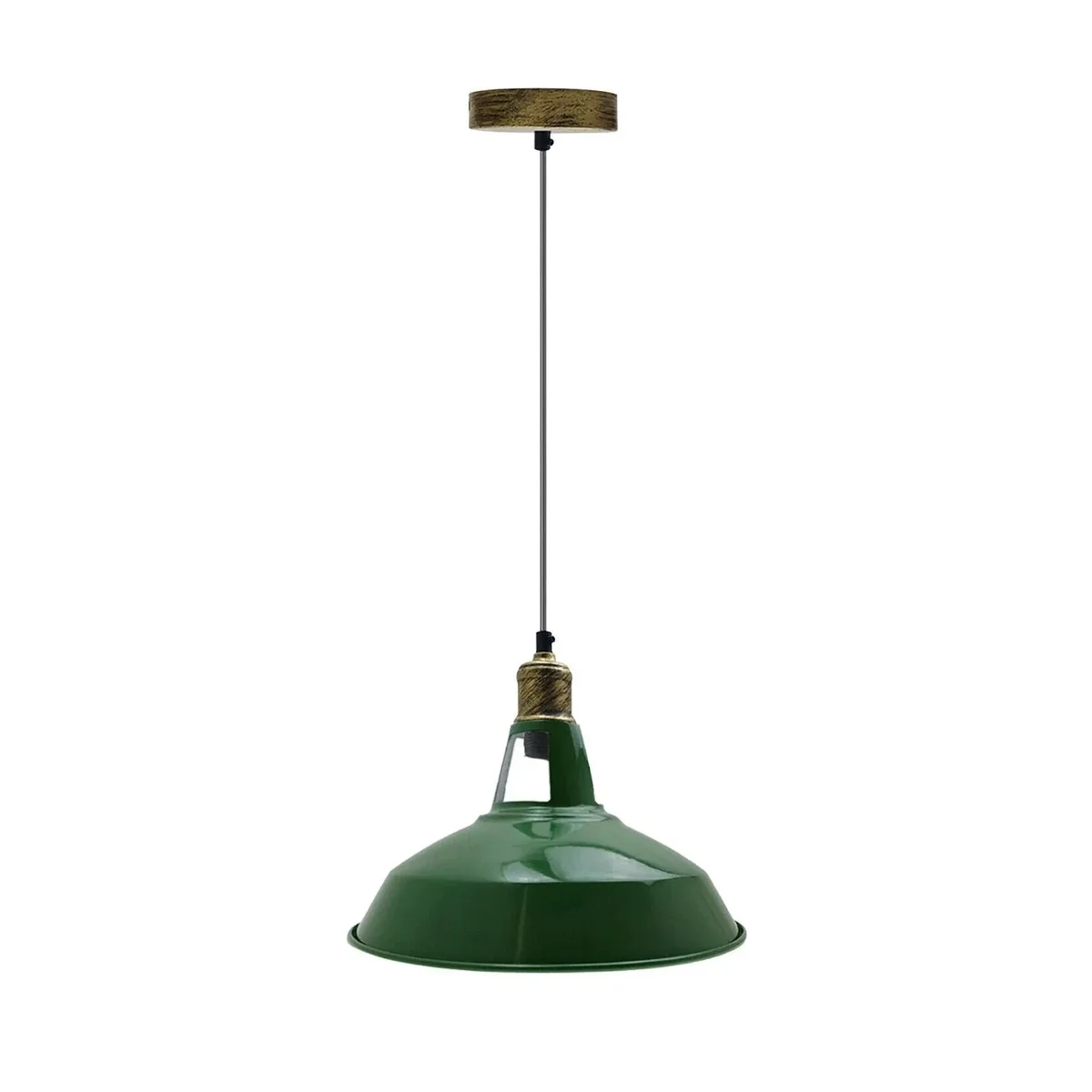 Green metal modern barn shade pendant ceiling light with 95cm PVC cable and E26 lamp base hanging indoors
