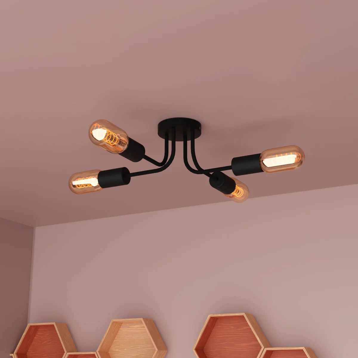 Modern black metal adjustable ceiling light with four arms and E27 bulb sockets for indoor home décor