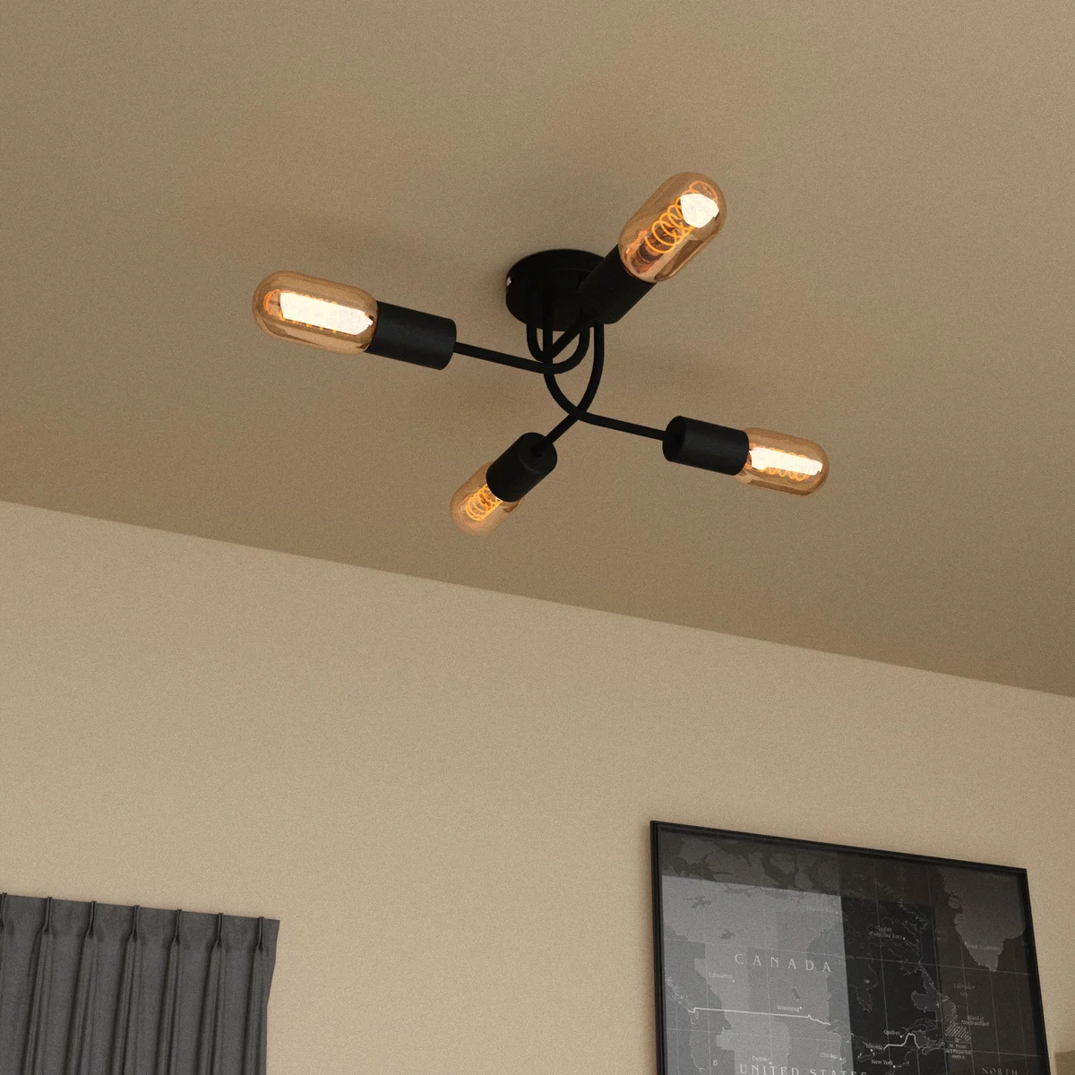 Modern black metal 4-way adjustable indoor ceiling light with linear arms and E27 bulb sockets for home décor