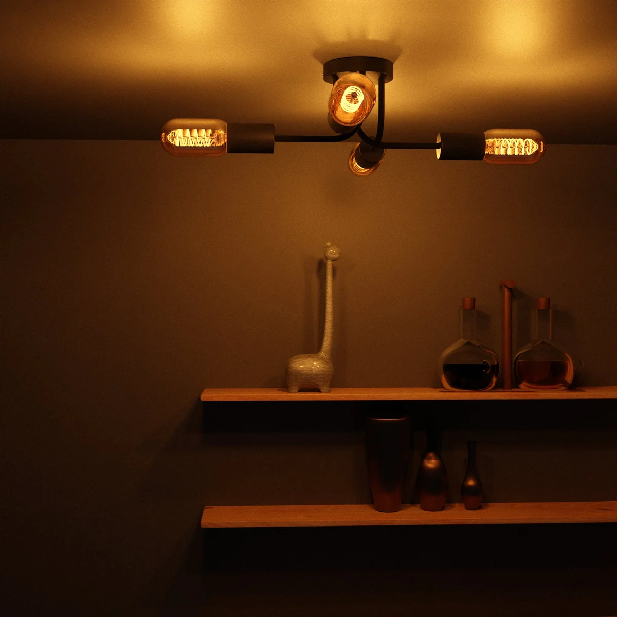 Modern black ceiling LED light with 4 adjustable arms in metal finish, suitable for vintage or contemporary home décor