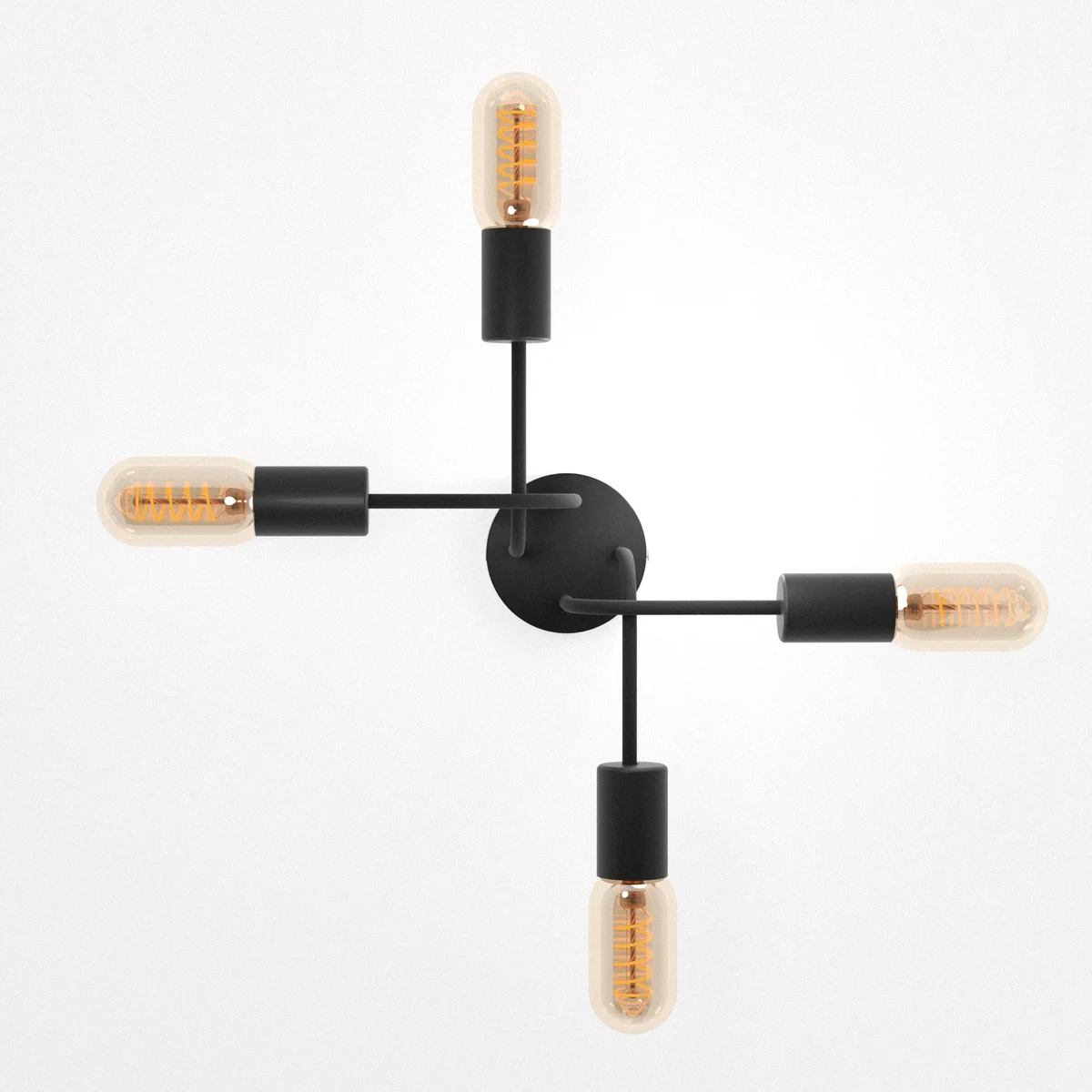 Modern black ceiling LED light with four adjustable metal arms and E27 bulb sockets in vintage style