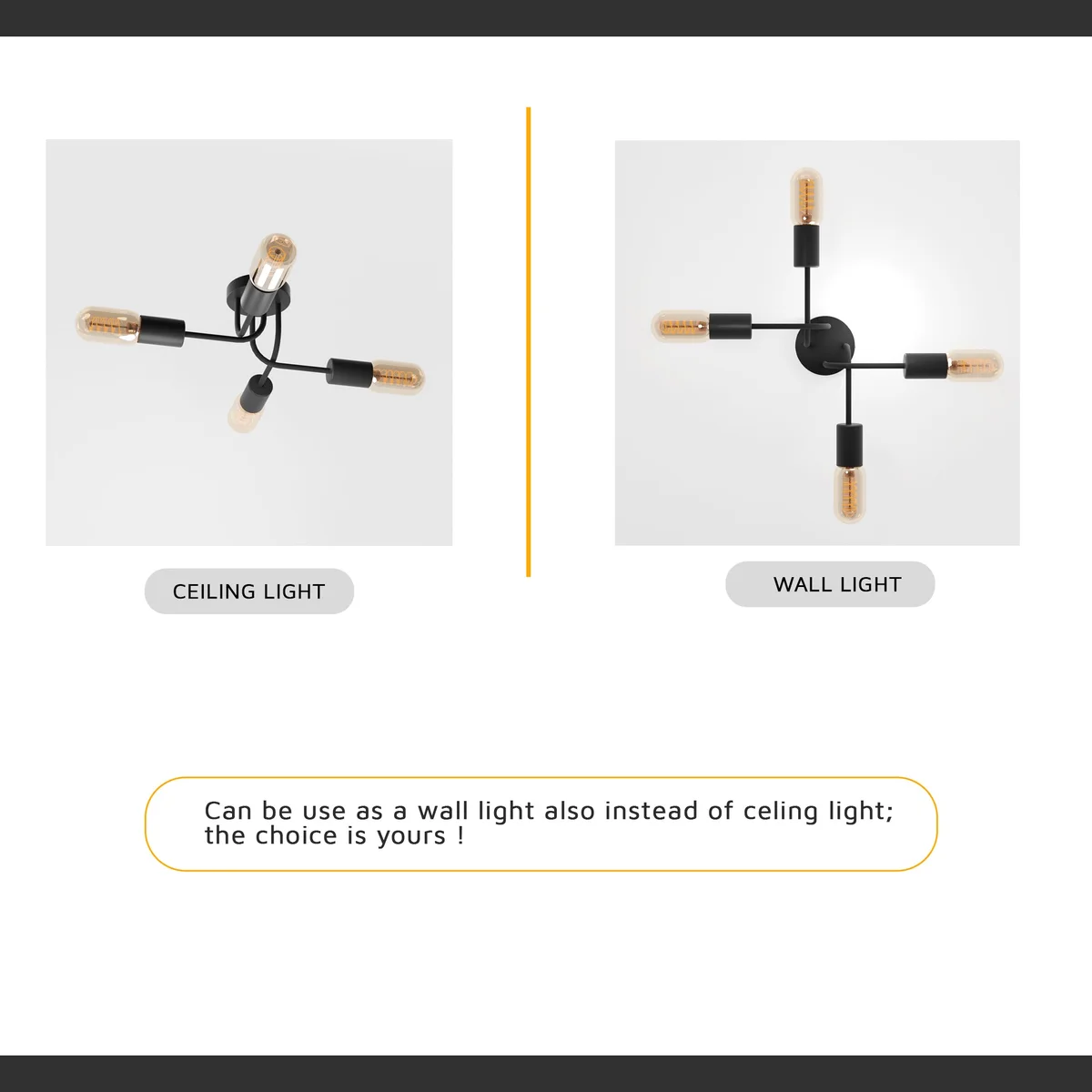 Modern black ceiling LED light with four adjustable metal arms and E27 bulb sockets in a vintage style