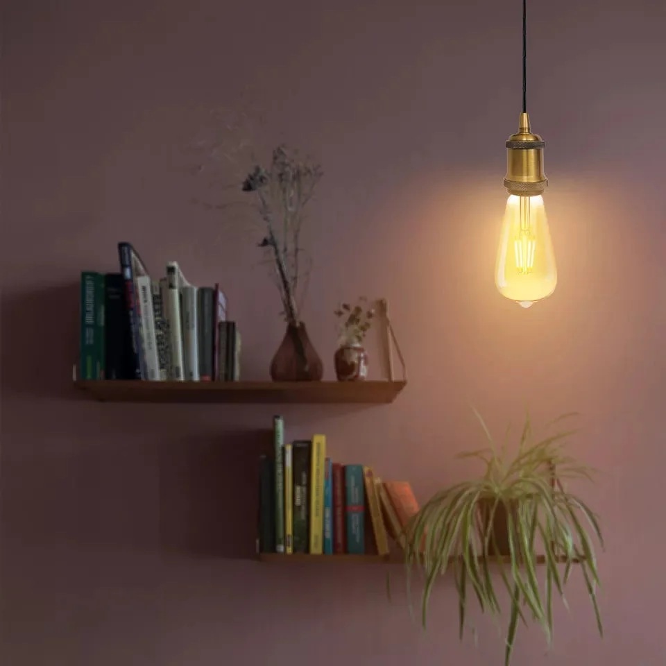 Black metal ceiling light with 2m adjustable round cable and vintage-style E27 bulb holder installed on white ceiling