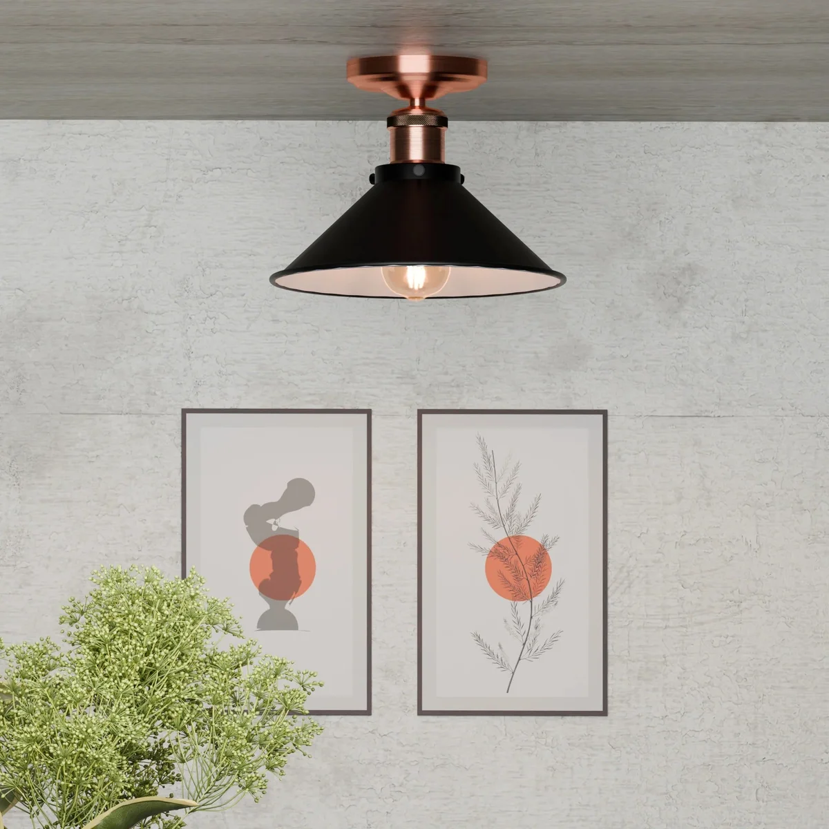 Black metal cone vintage ceiling light with copper ceiling rose, flush mount design for indoor use