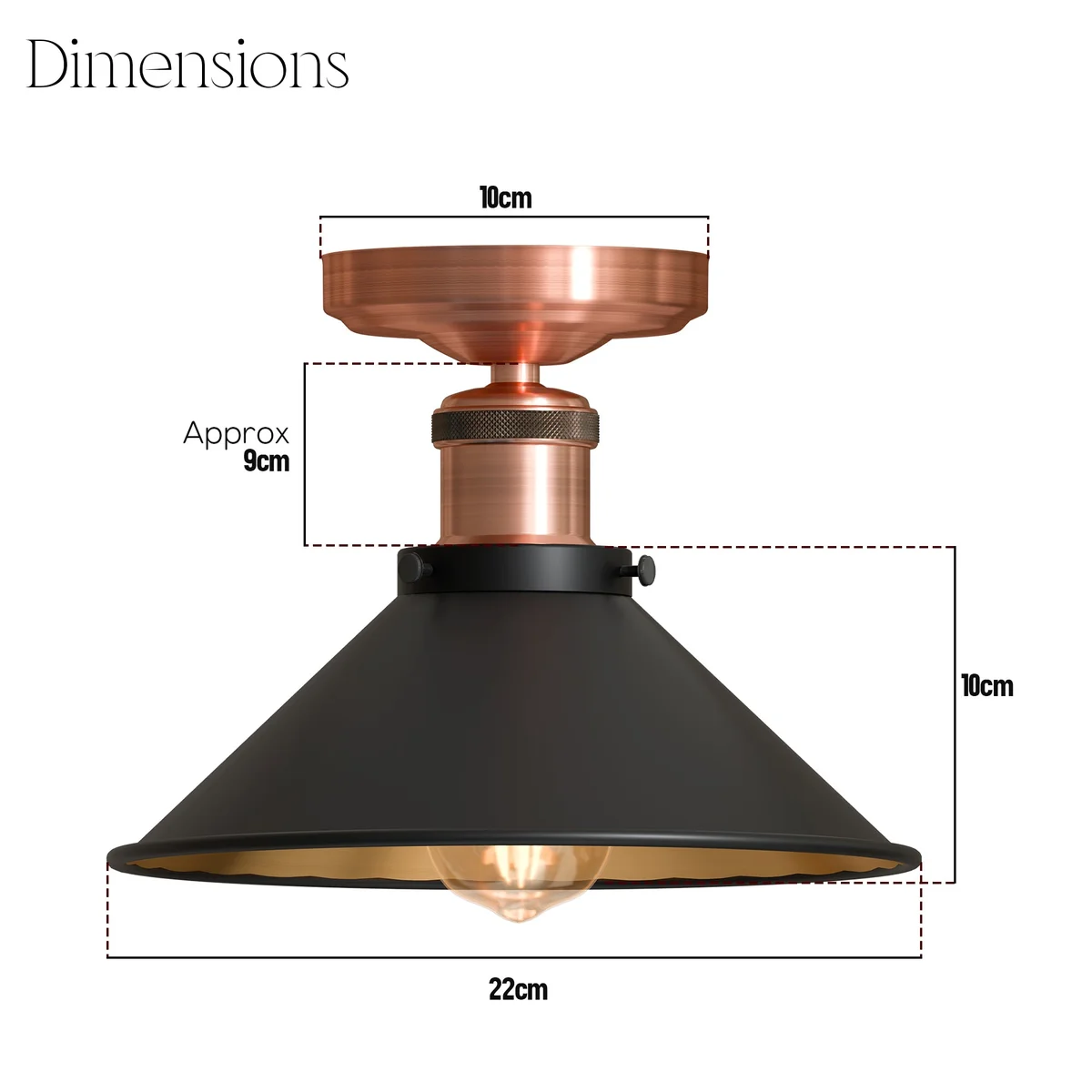 Black metal cone lampshade flush mount ceiling light with copper ceiling rose, vintage industrial style, E27 bulb compatible