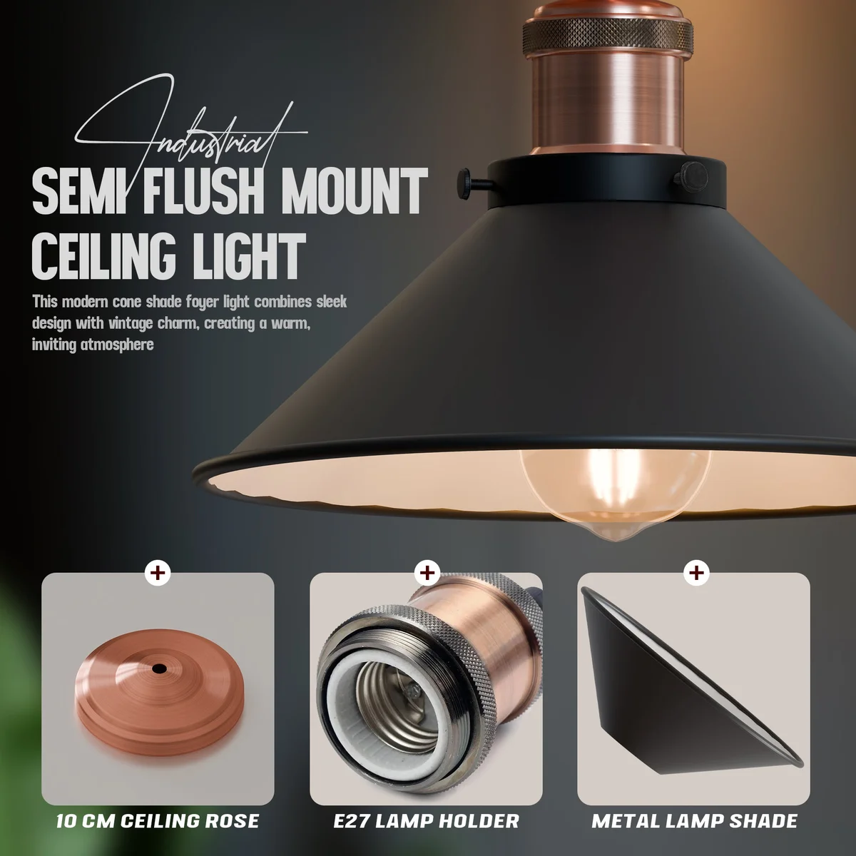 Black metal cone semi flush ceiling light with copper ceiling rose and E27 bulb holder, vintage industrial style