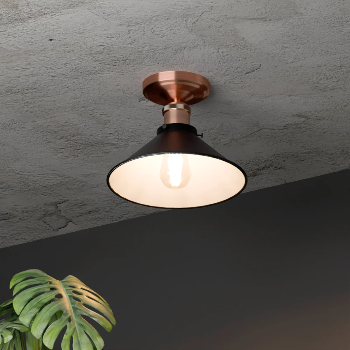 Black metal cone flush mount ceiling light with copper rose, classic industrial home lighting for indoor spaces