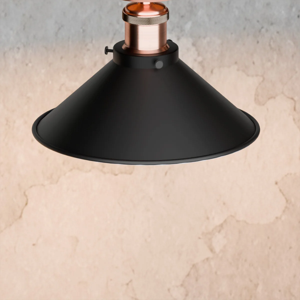 Black metal ceiling light with cone shade, copper ceiling rose, flush mount design for indoor use, vintage style