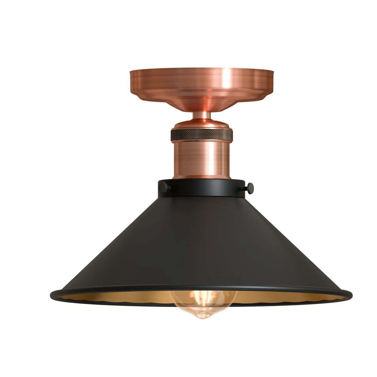 Black metal cone E27 ceiling light with copper ceiling rose in vintage industrial flush mount style on white background