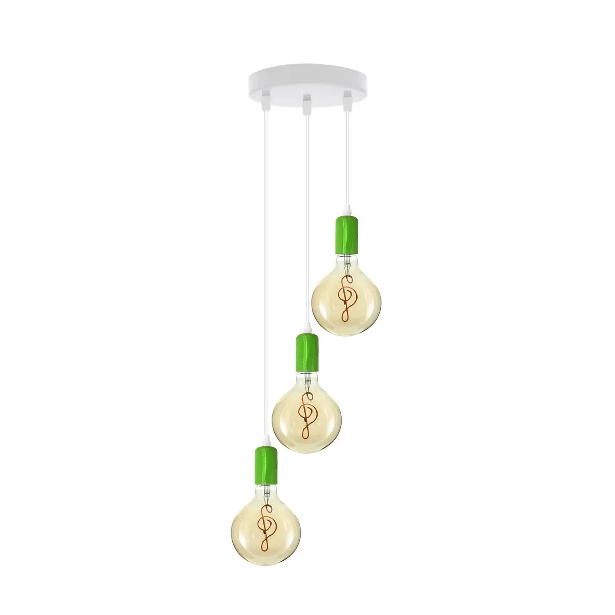 Vintage pendant light with three amber glass bulbs hanging from metal frame, ceiling mounted with long cables