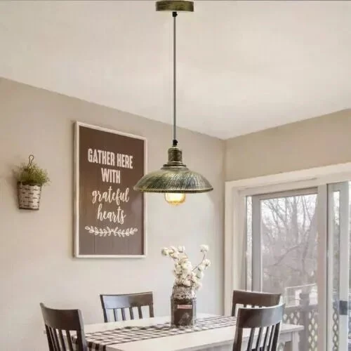 Brushed brass vintage pendant light with conical metal shade and adjustable 95 cm cable for indoor use
