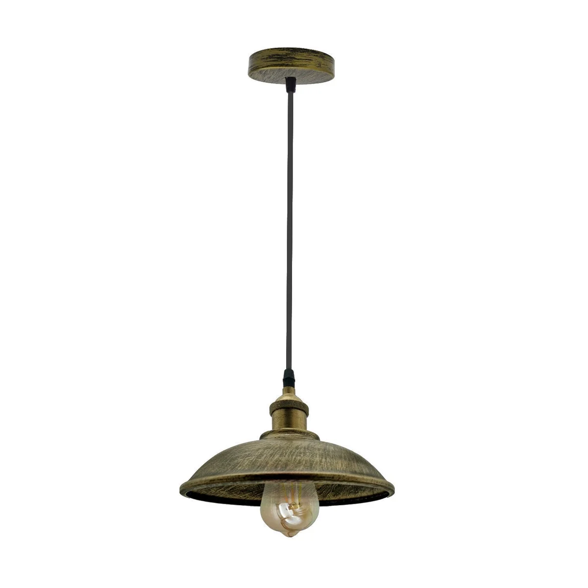 Brushed brass pendant with vintage industrial metal cage and conical lampshade hanging from ceiling canopy