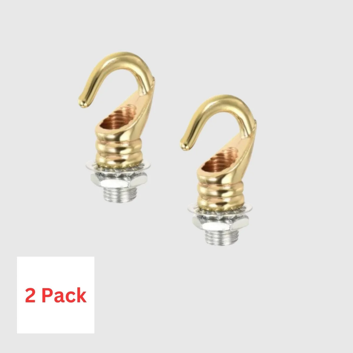 Two small French gold ceiling hooks for pendant light with 10mm thread, made of aluminum, shown on white background