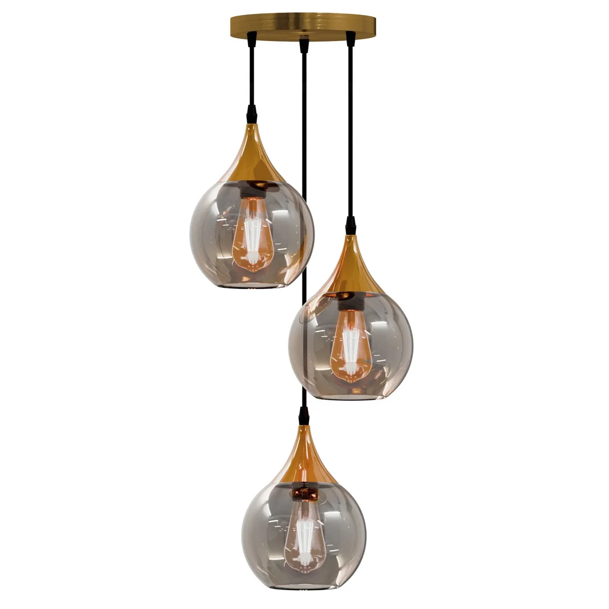 Three amber glass globes on an adjustable hanging light with copper finish and metal fixtures against white background