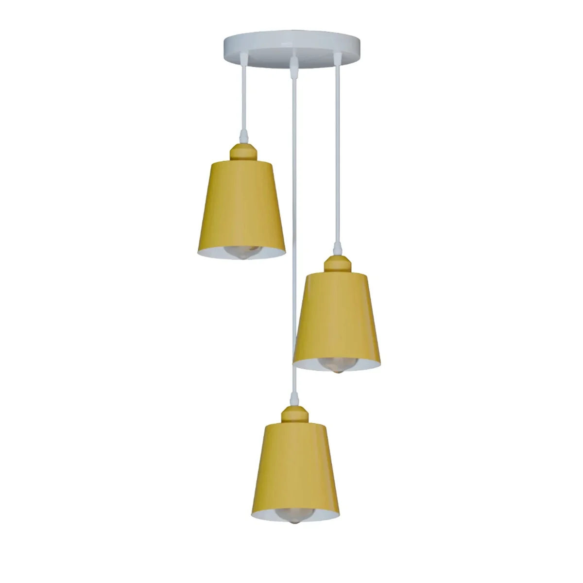 Industrial-style 3 head ceiling light with round shades and adjustable cables in green, blue, grey, and yellow metal finish