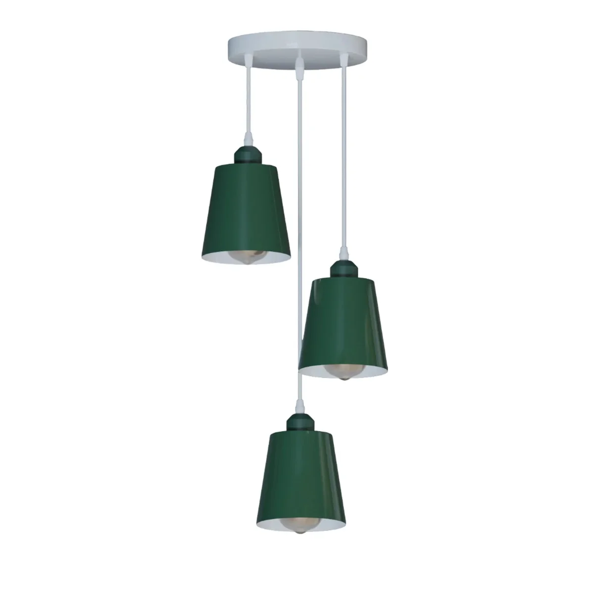 Round 3-head industrial pendant light with adjustable cables and metal shades in green, blue, grey, and yellow, E27 bulb pendant compatible