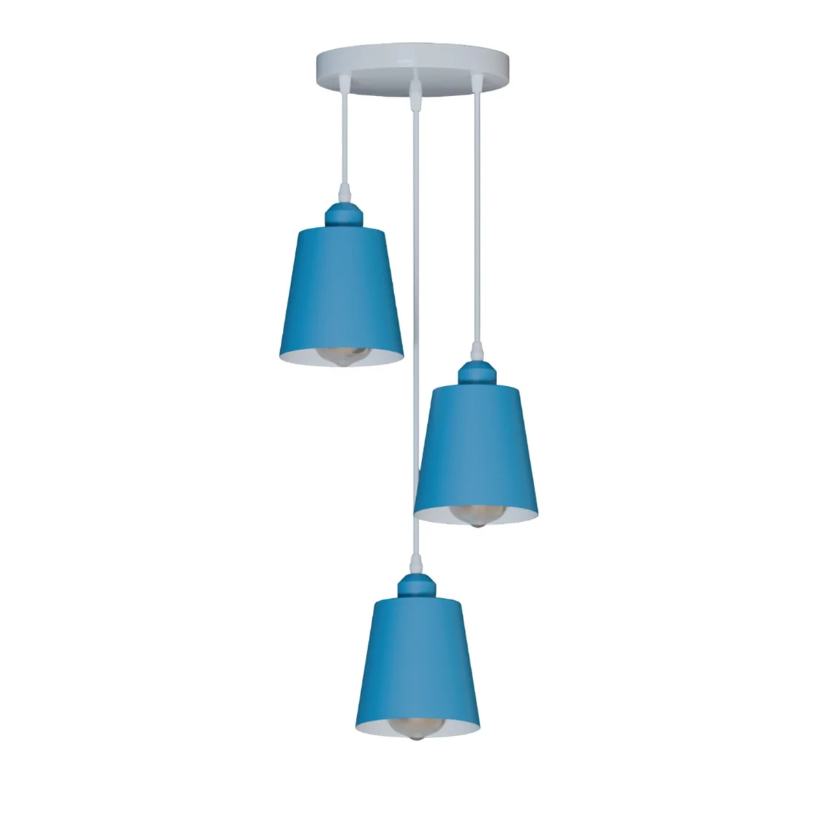 Green, blue, and yellow round 3-head corded pendant lamp with adjustable cables and metal shades hanging from ceiling rose