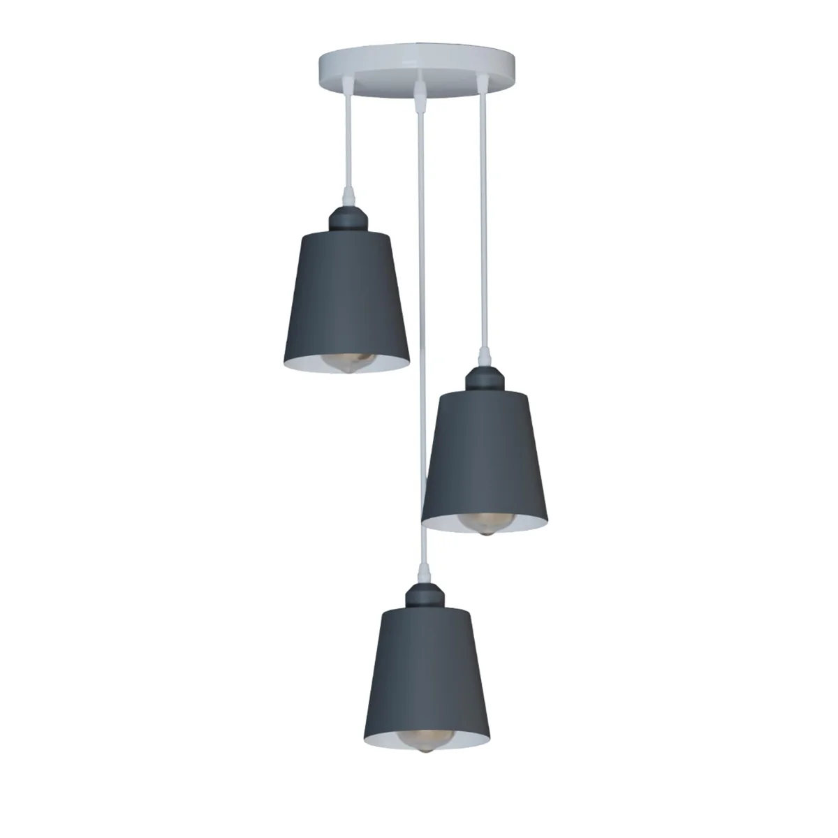 Green, blue, grey, and yellow round 3-head adjustable pendant light with metal shades and 95cm cables hanging from ceiling rose