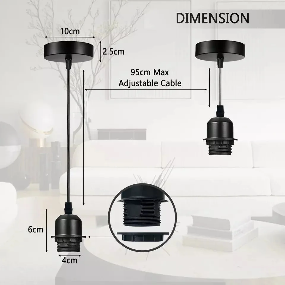 Vintage style ceiling lamp pendant holder with adjustable 95cm cable, metal and PVC materials, E27 bulb fitting