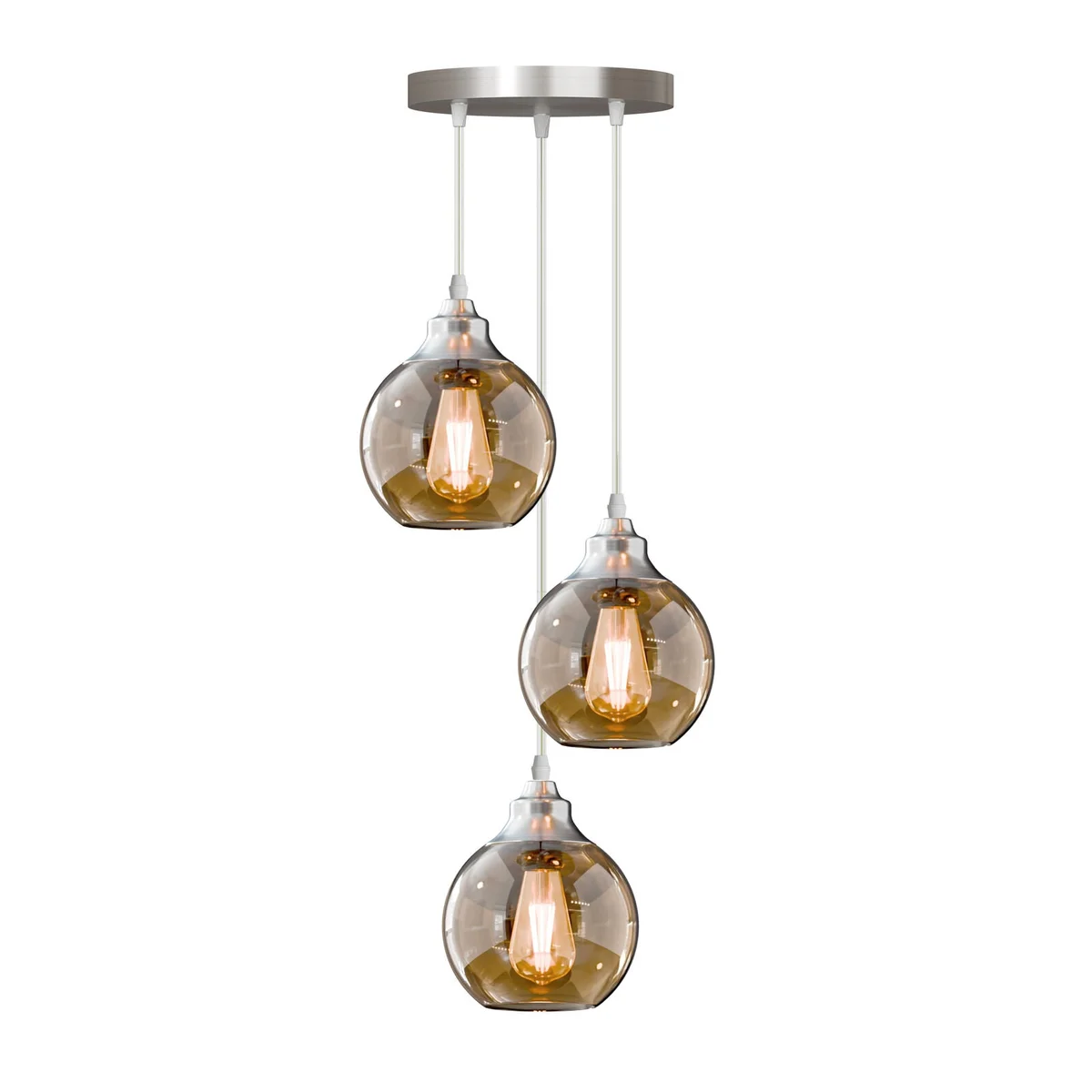 3-light pendant chandelier with teardrop glass shades and warm copper finish hanging from adjustable cords