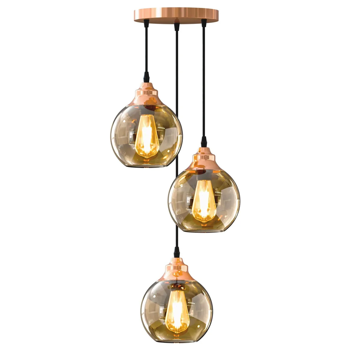 Three-light chandelier with teardrop glass shades and adjustable hanging cords in warm copper finish