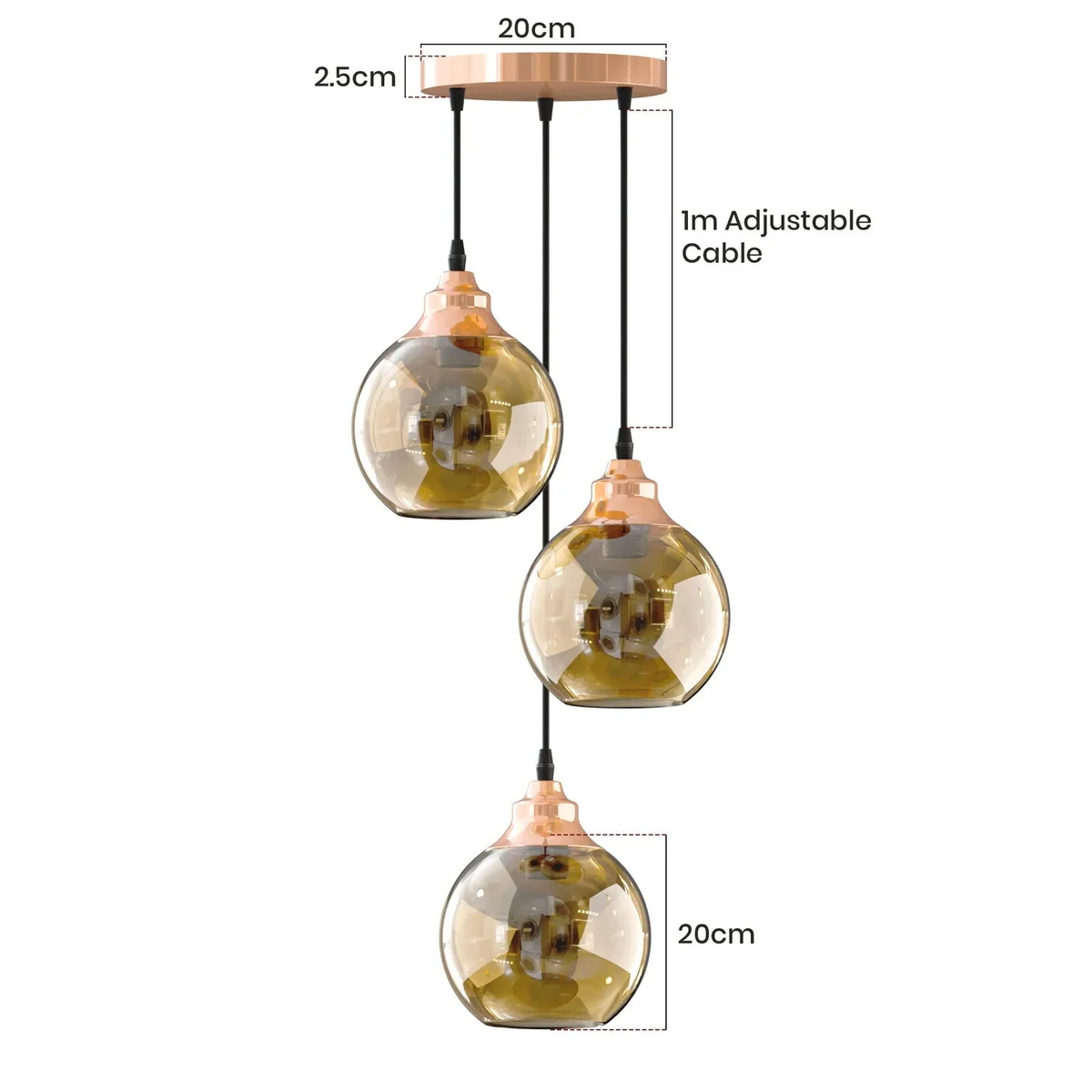 Three-light modern chandelier with teardrop glass shades and warm copper finish pendant hanging from adjustable cords