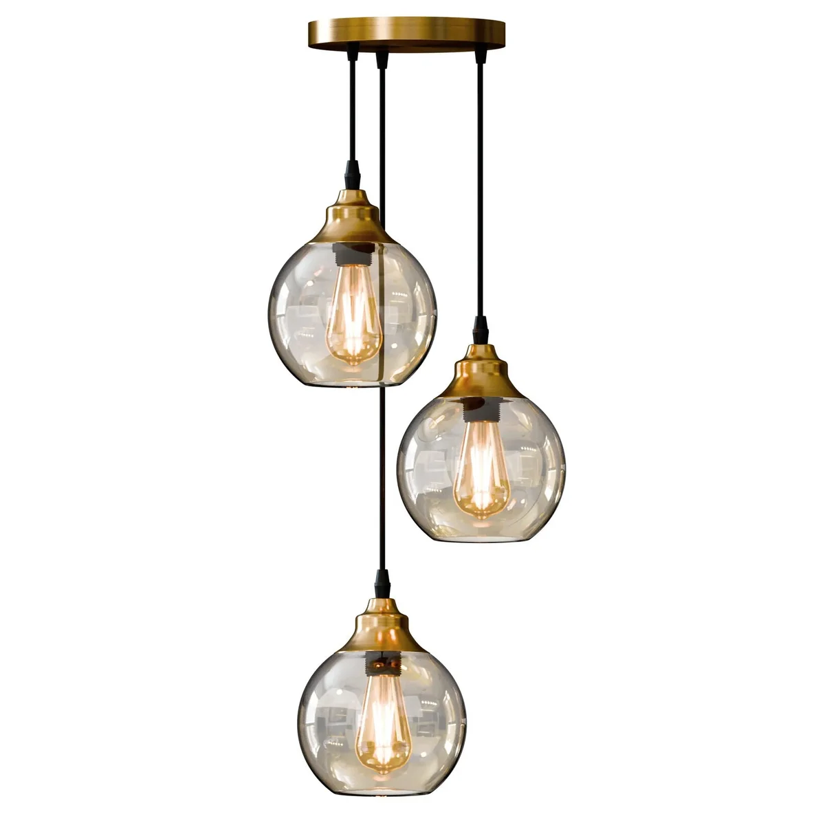 Three-light modern glass pendant chandelier with teardrop shades and copper finish, ideal dining room ceiling light