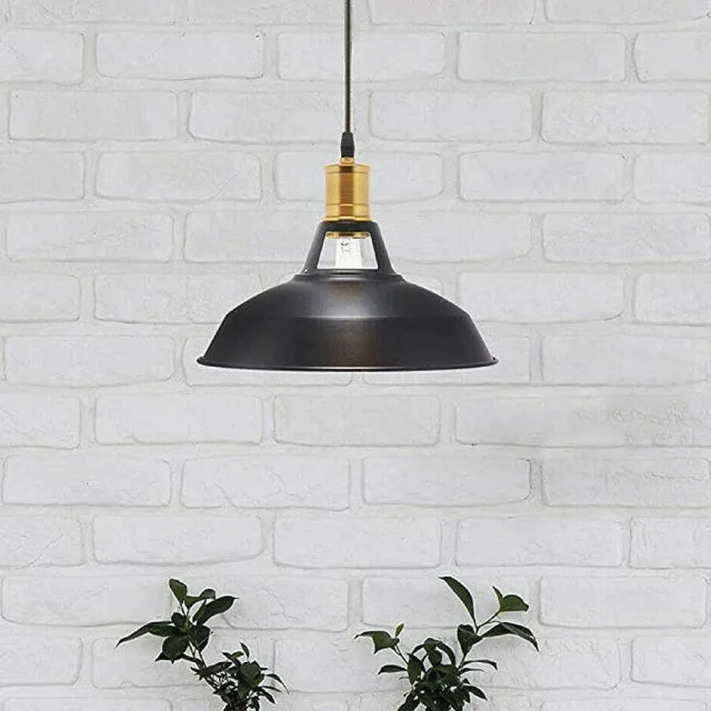 Black vintage industrial pendant light with metal lampshade, round ceiling canopy, and 100cm fabric-covered cable