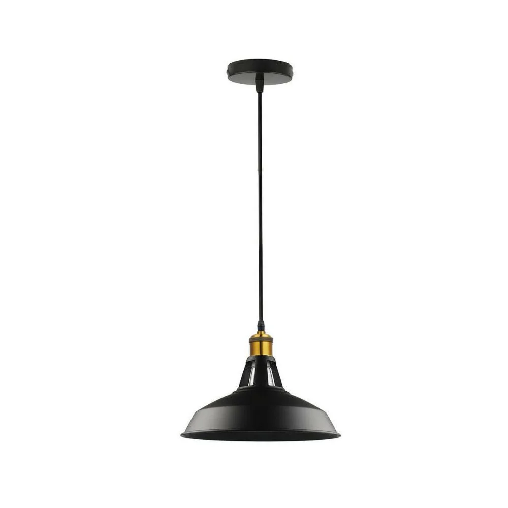 Black metal ceiling lamp with vintage industrial design, round black fabric shade and 100cm black fabric cable hanging from ceiling