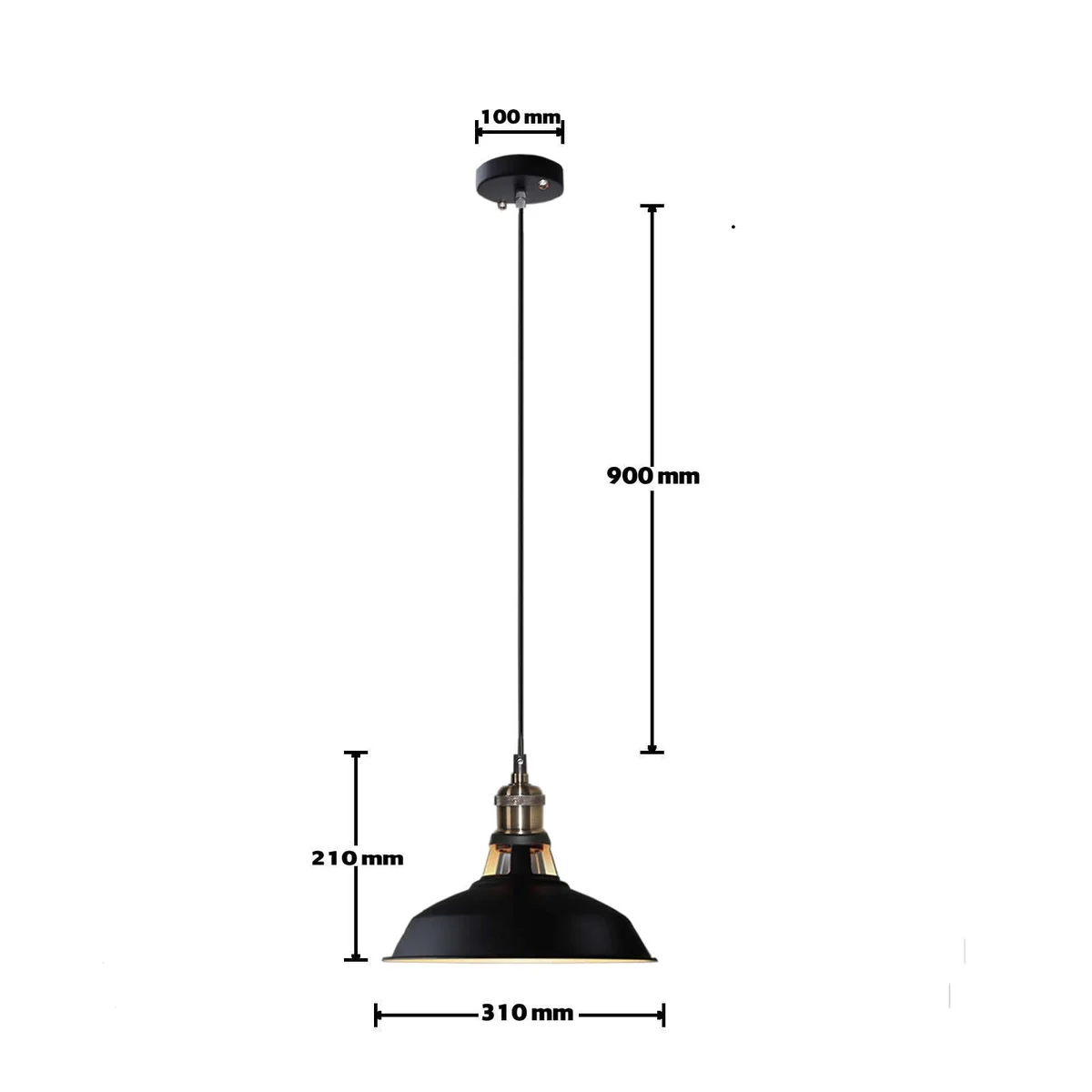 Black vintage industrial retro loft pendant light with metal hanging lampshade and black fabric cable against white background