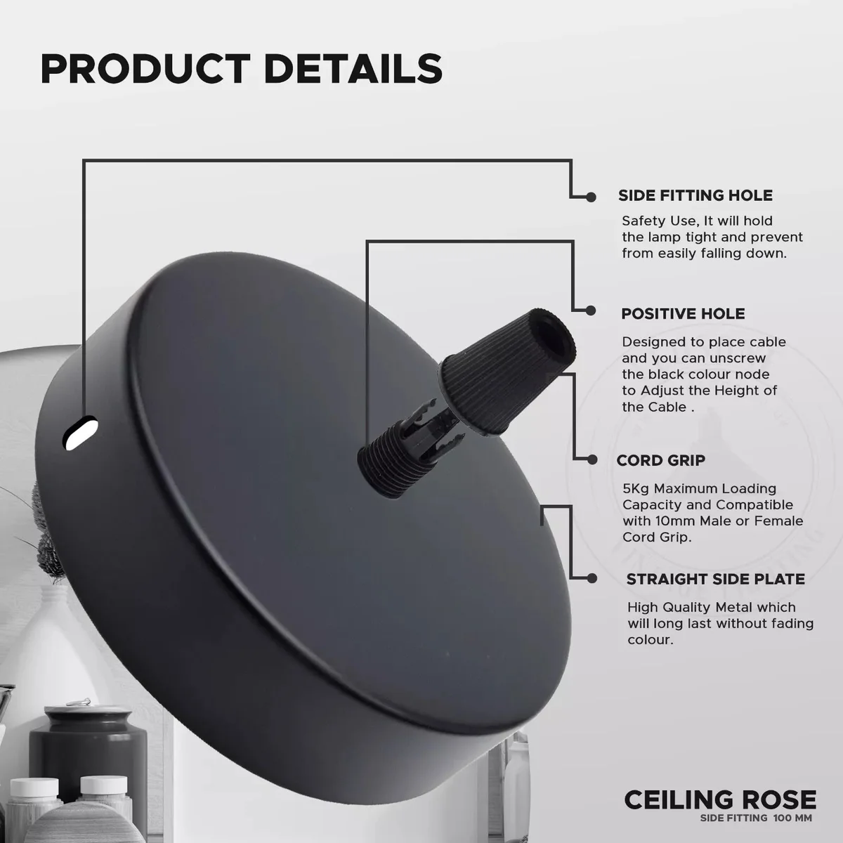 Two metal ceiling roses for chandeliers with cord grips and mounting accessories on a white background