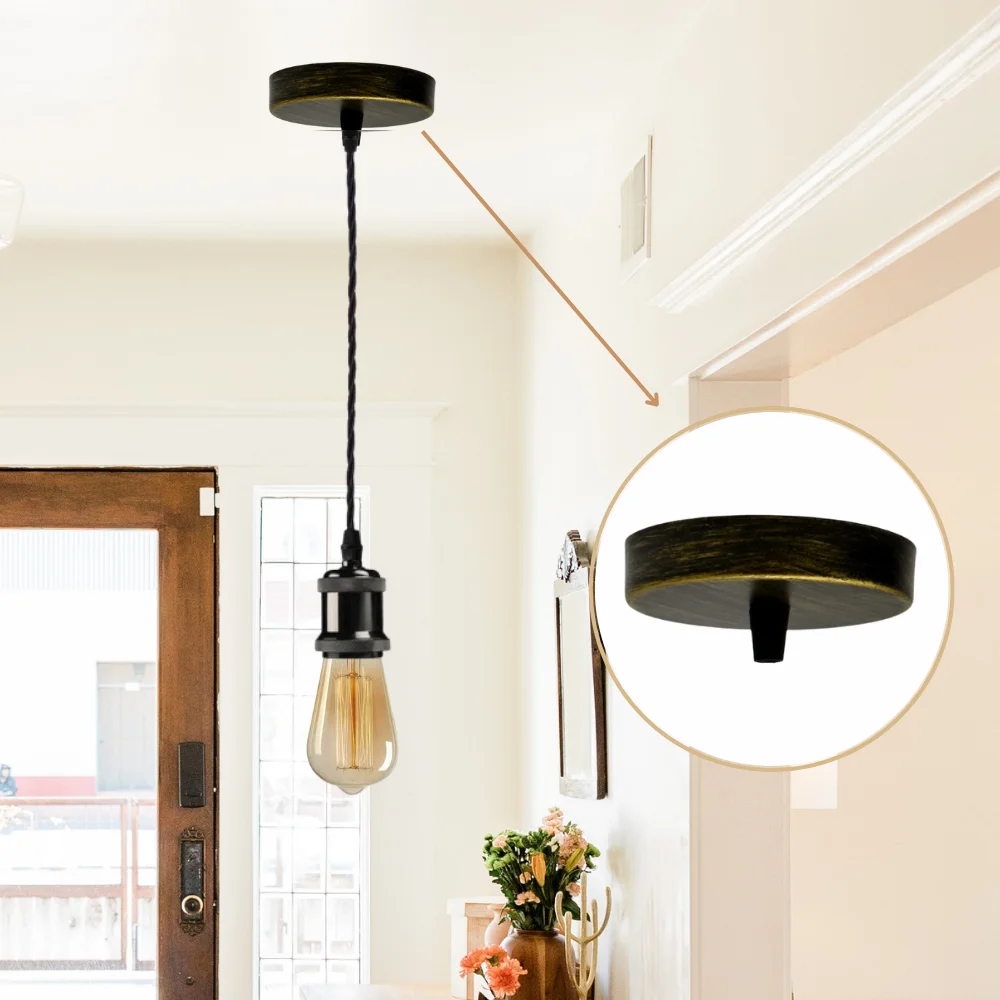 Two metal indoor ceiling rose fittings with cord grips and mounting accessories on a white background