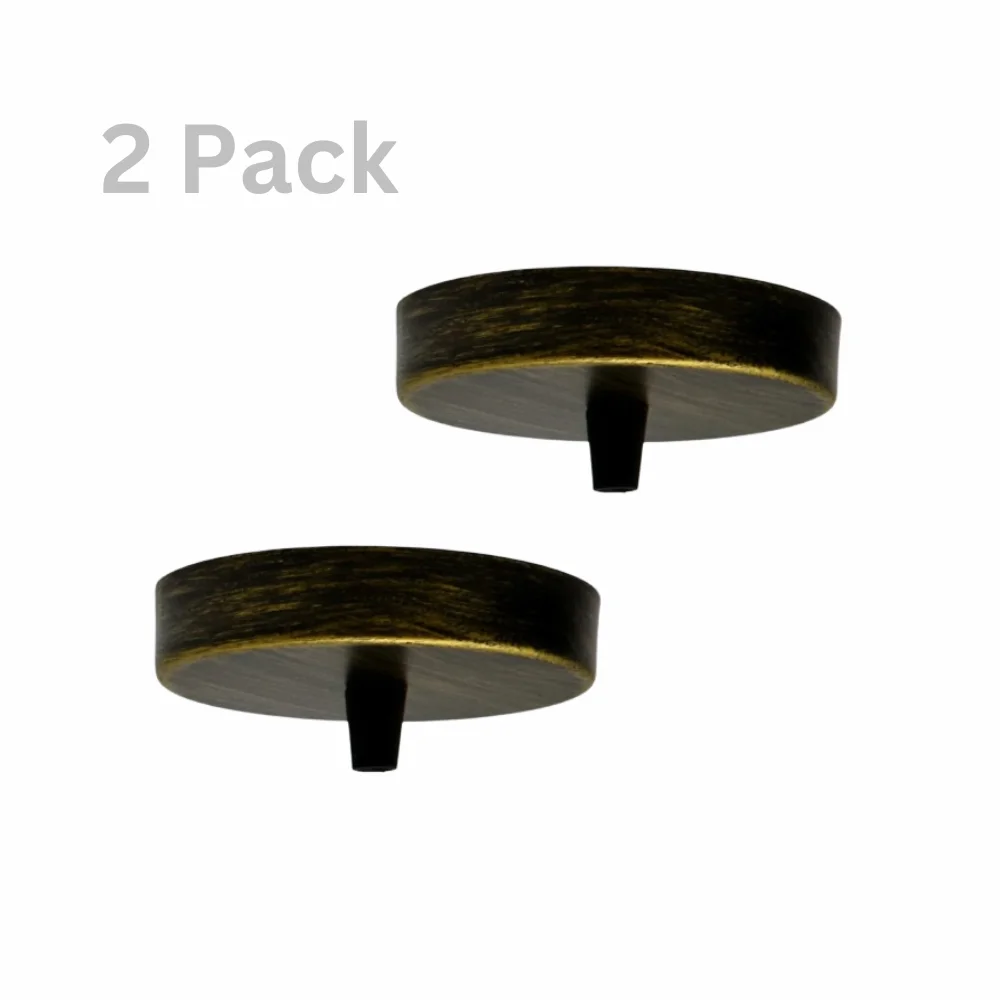 Two vintage ceiling rose metal fittings with cord grips and mounting screws on a white background for indoor use