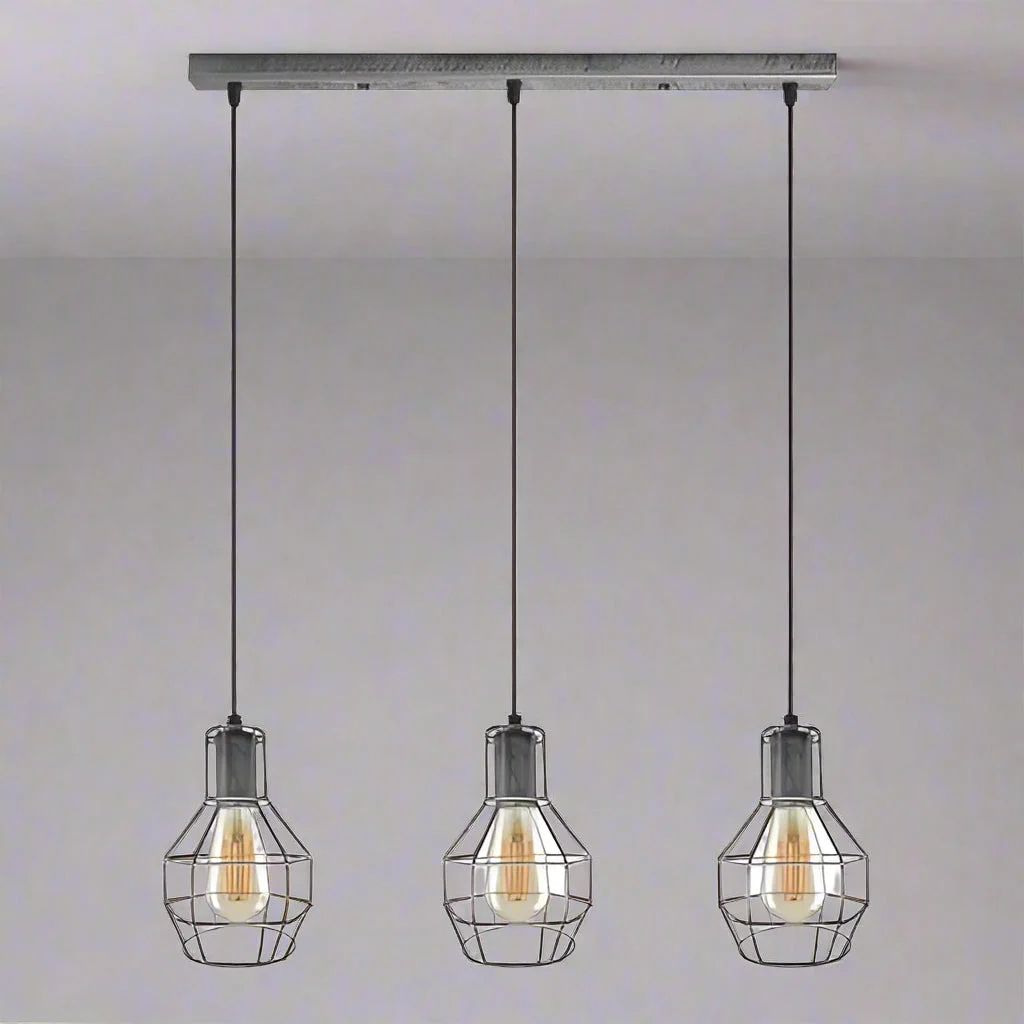 Industrial pendant light with open wire metal frame, bird‑nest shade, adjustable height, rectangle rose mounting.