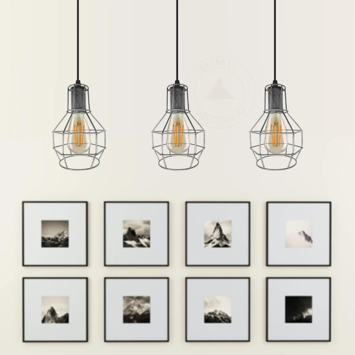 Metal pendant light with three adjustable heads, open wire design, bird‑nest shape, mounted on rectangle ceiling rose