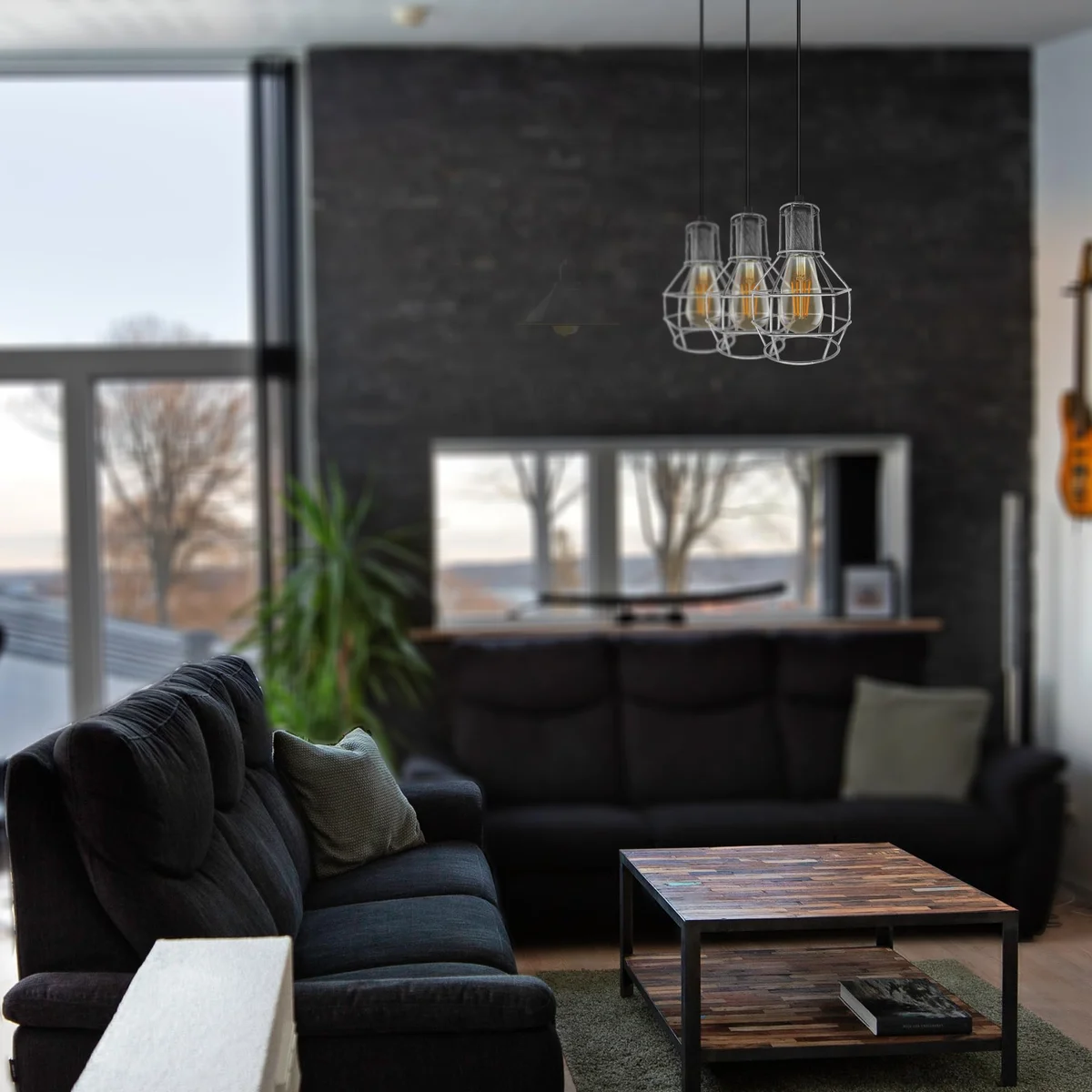 Three-head vintage ceiling light in metal bird‑nest shape with an open wire design, adjustable height and warm diffusion.