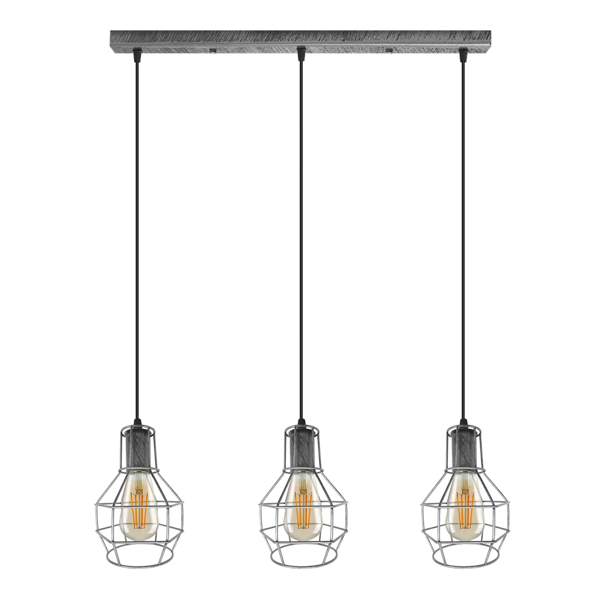 Industrial indoor pendant light with metal frame, bird‑nest shade, open wire design, rectangular mounting base.