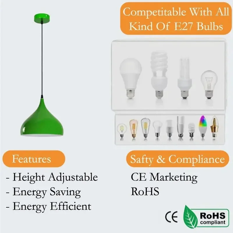 Light green retro metal ceiling lamp with wide shade and 95cm PVC cable, vintage industrial pendant light design