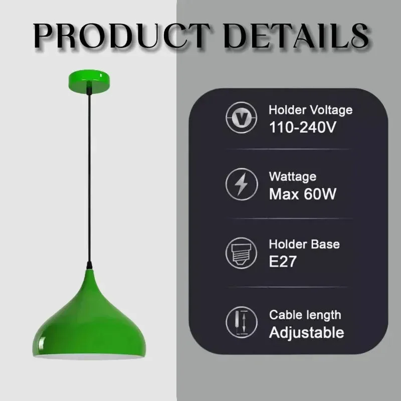 Light green industrial pendant lamp with wide metal shade, 95cm cable, designed for E27 bulb pendant light use indoors.