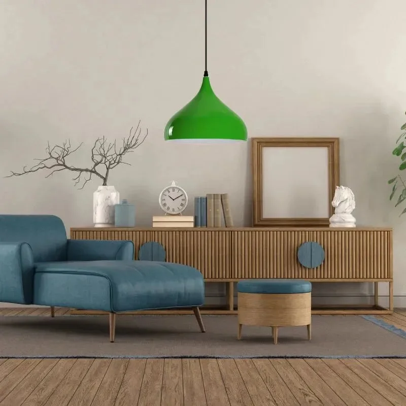 Retro light green industrial pendant with wide metal shade and 95cm cable, dimmable ceiling light for indoor use