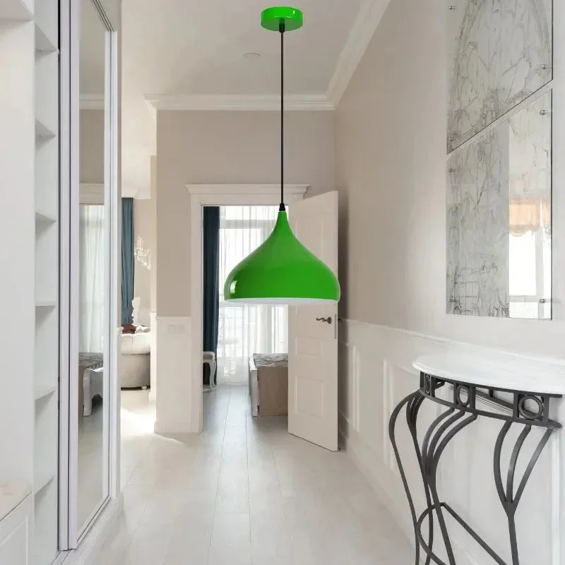 Light green vintage metal pendant lamp with wide shade hanging from ceiling by 95cm PVC cable, ideal for indoor use