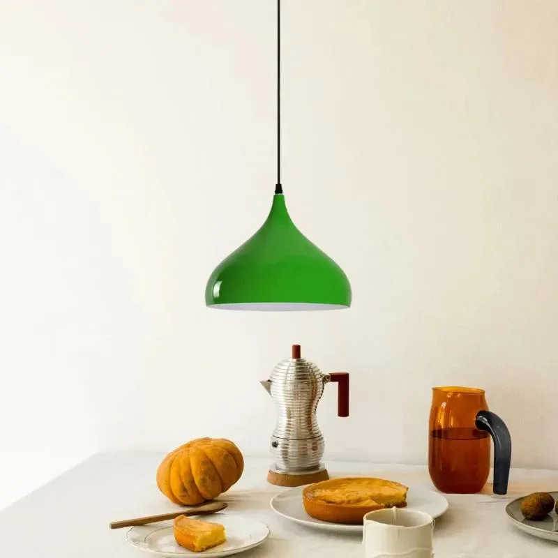 Light green industrial pendant light with wide metal shade hanging from ceiling, showing vintage rustic design and 95cm cable