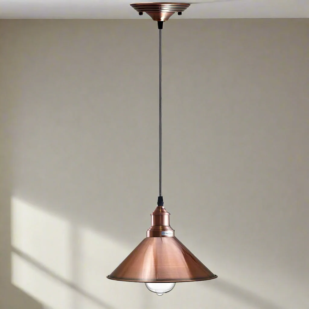 Copper cone pendant lighting with adjustable angled hood and 95cm cable, modern gloss finish, E27 base, metal and PVC materials