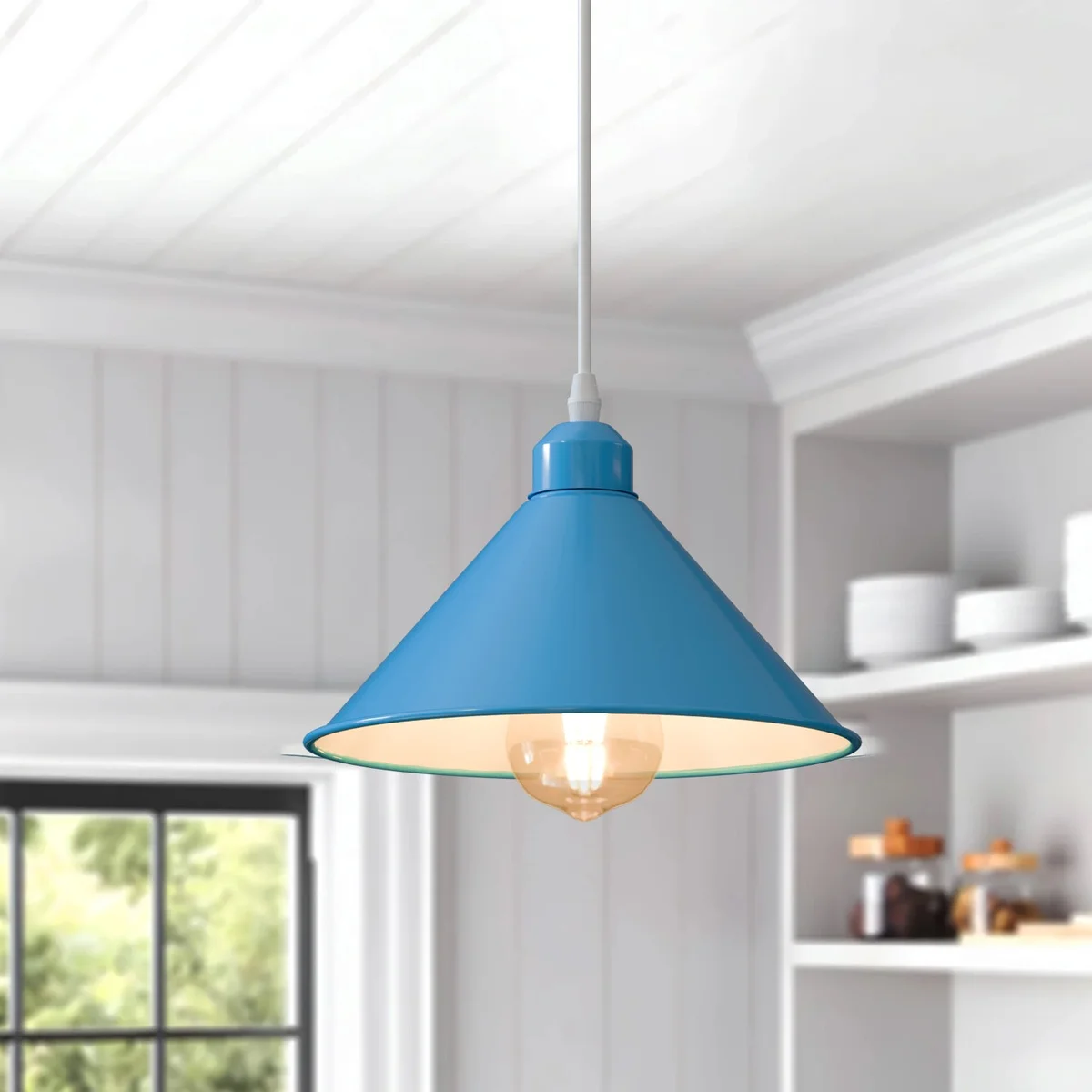 Retro ceiling lamp with metal shade, E27 base, hanging from ceiling with 95cm cable in vintage style design