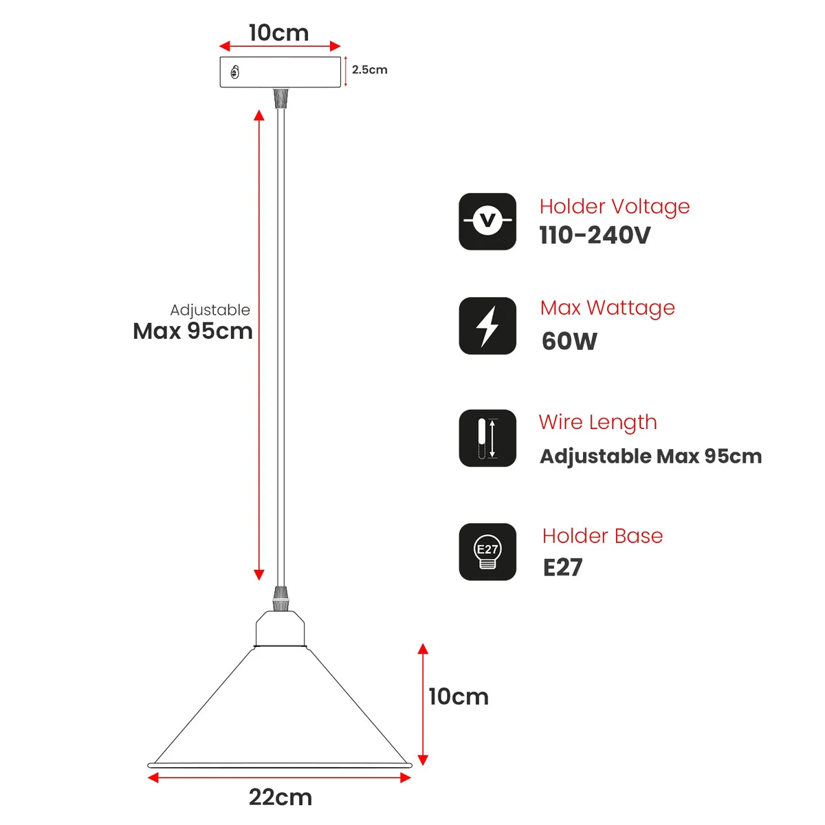 Vintage style hanging table lights with metal shade, E27 base, 95cm cord, suitable for various room décors
