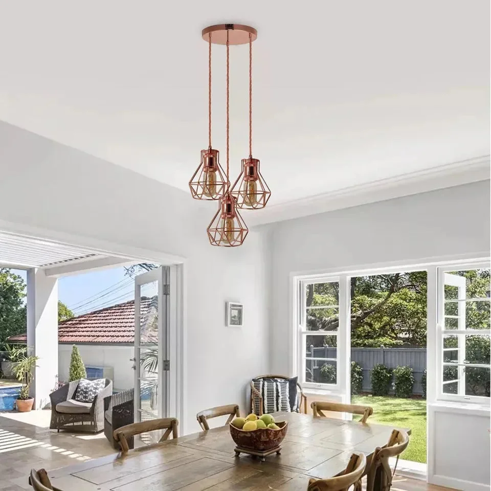 Rose gold vintage cluster pendant lights with three fabric wire-hung shades and E27 lamp holders on ceiling rose