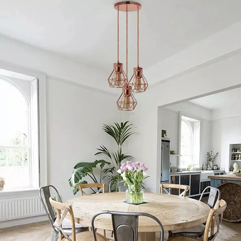 Rose gold vintage industrial pendant lighting cluster with three fabric wire-hung shades and E27 lamp holders