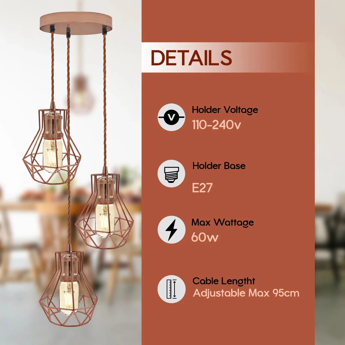 Rose gold ceiling light with three fabric wire-hung shades in vintage industrial cluster pendant design