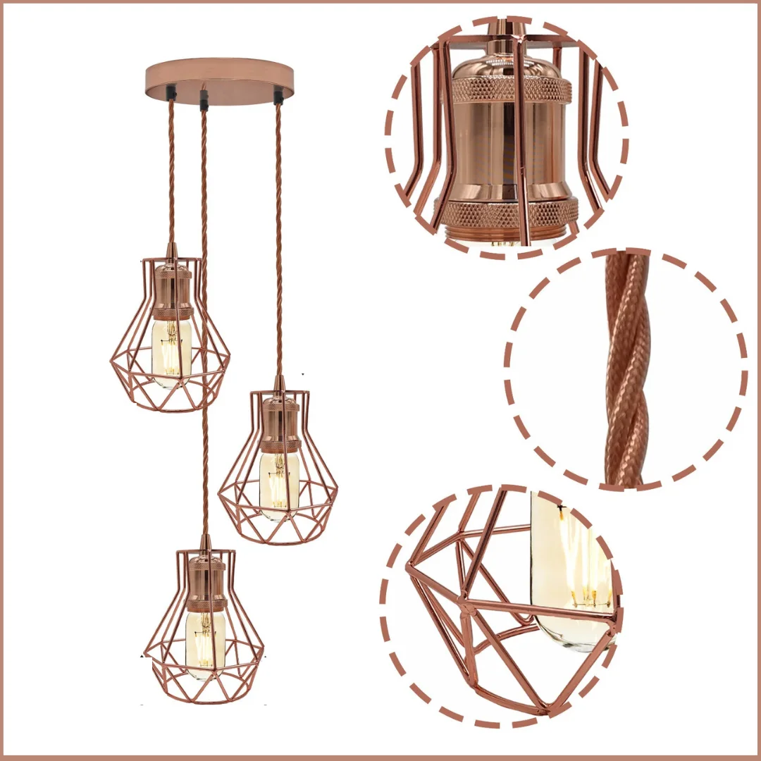 Rose gold metal fabric pendant lamp cluster with three E27 light holders and 95cm fabric cables hanging from ceiling plate