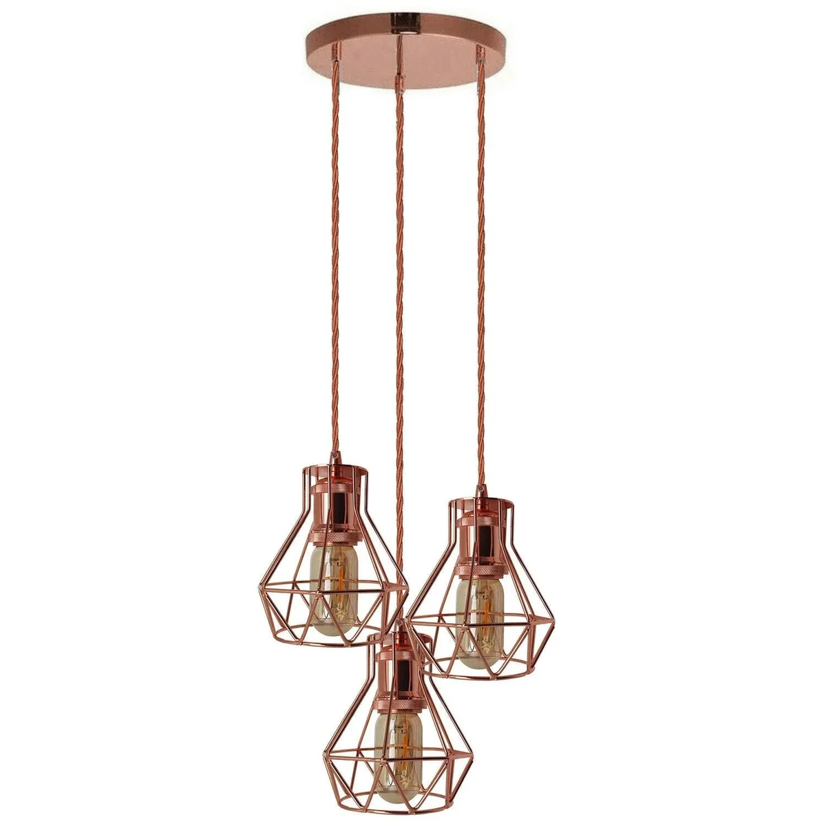 Rose gold vintage industrial cluster pendant light with three fabric shades creating warm ambient lighting
